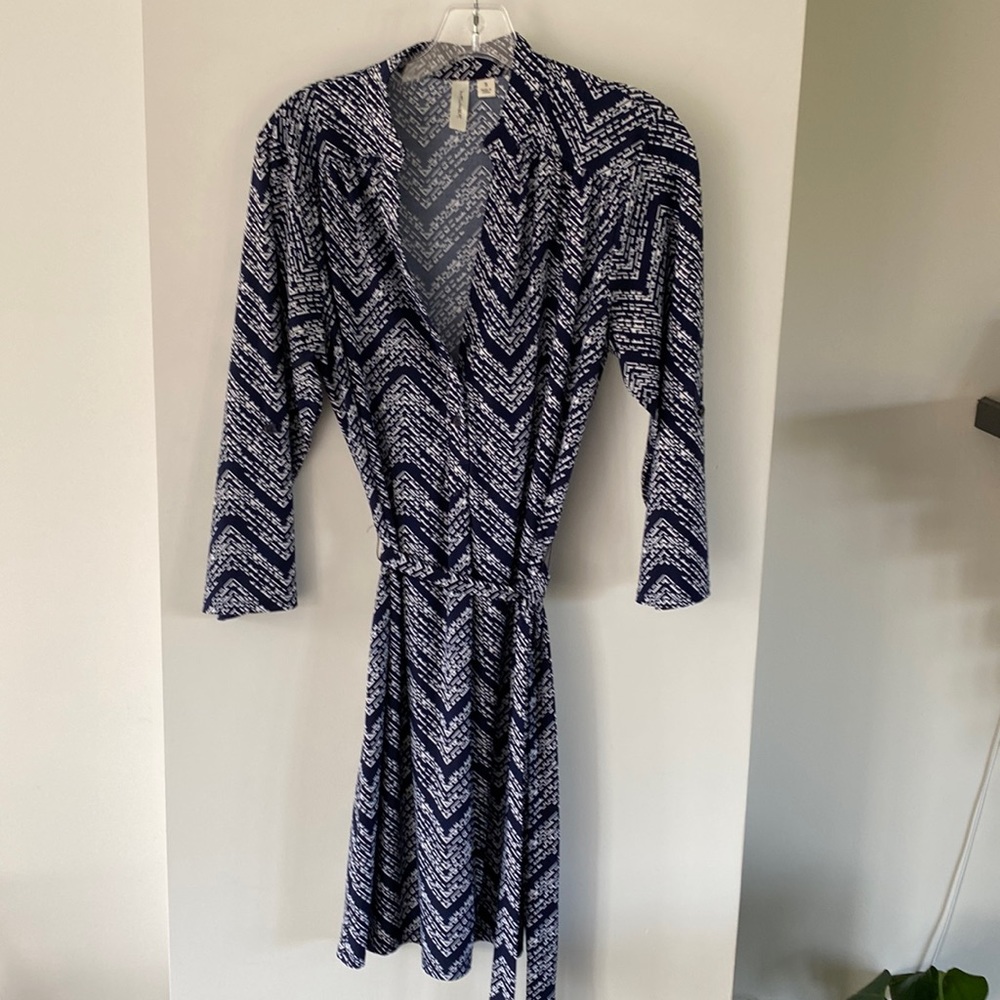 TACERA navy blue white chevron stripe house dress button sleeve belt yoke